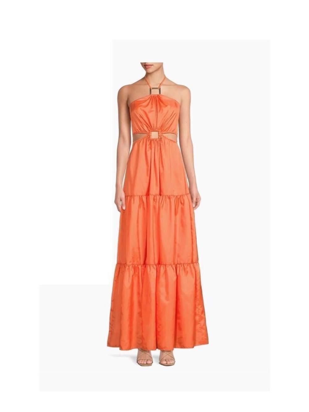 Halter-Neck Orange Tiered Maxi Dress with Waist Accent - worn once!!